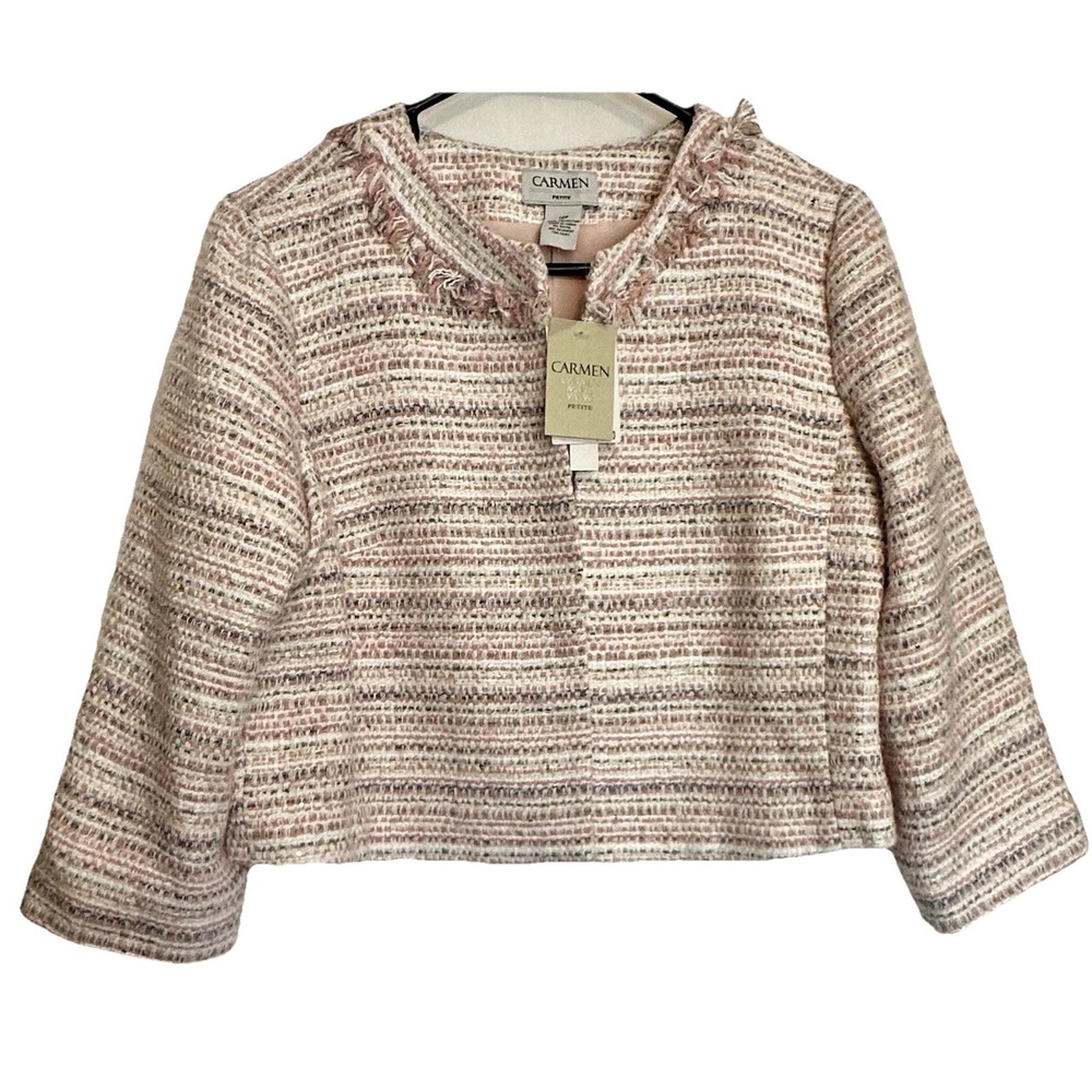 Carmen Marc Valvo Pink Open Front Blazer Jacket Cropped 12 Petite
